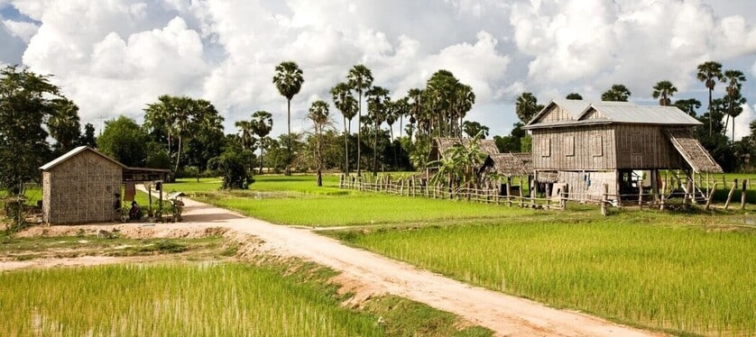 Village authentique et rizières dans la campagne autour de Battambang
