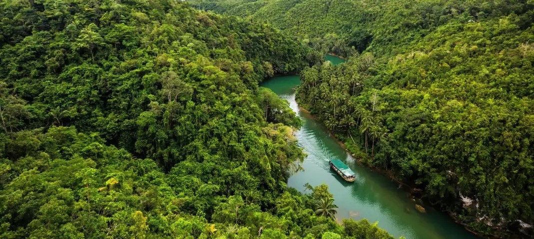 Naviguation en bateau sur la rivière Loboc entourée de la jungle de l'intérieur des terres de l'île de Bohol