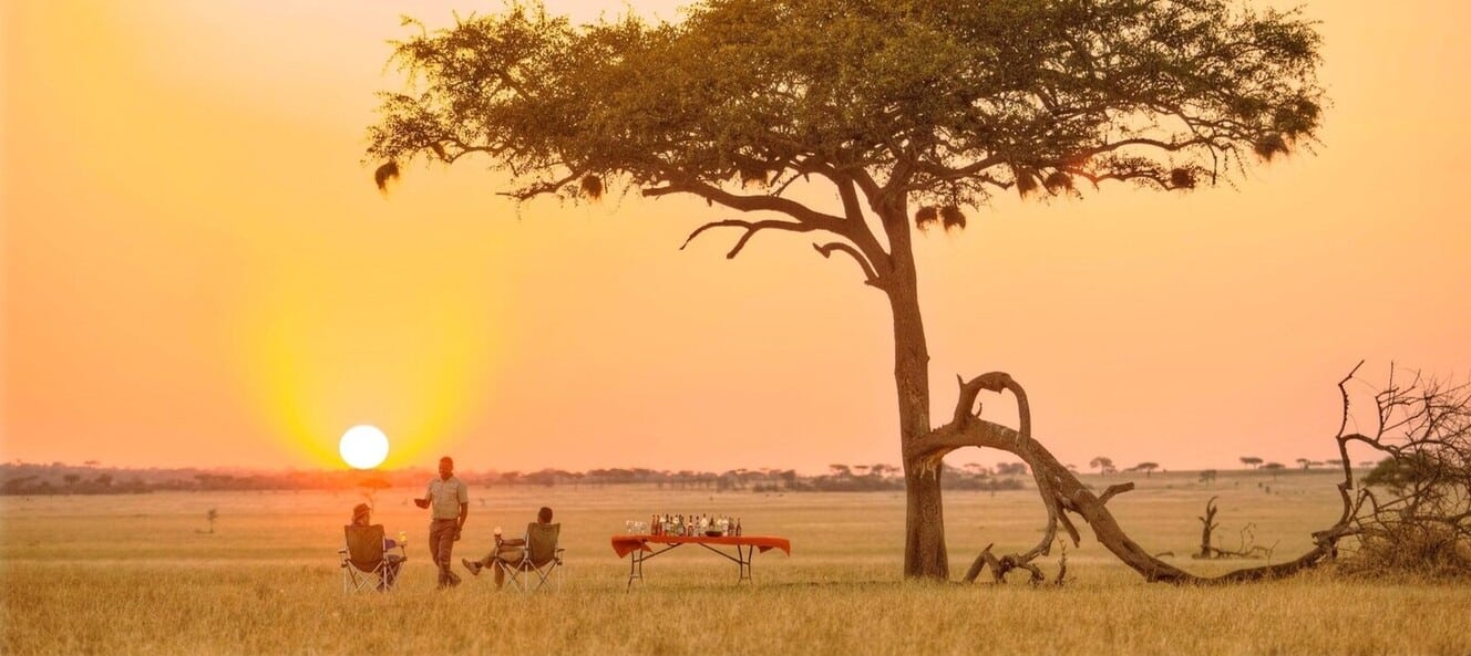 Apéritif au coucher du soleil dans les plaines du Serengeti en Tanzanie